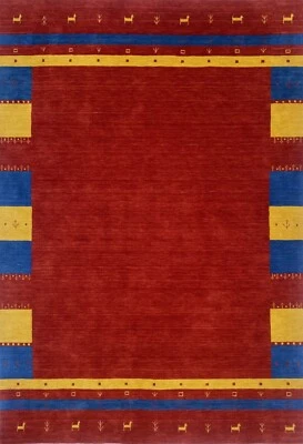 Gabbeh Carpet 100% Wool 170x240 CM Red Gold Blue Hand Woven Oriental Rug BR13 - Image 1 of 4
