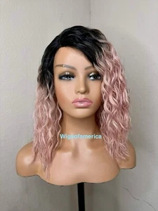 Medium Length Bob Pink Wig Ombre Black Side Part Heat Ok 16 Inch - Picture 1 of 7