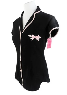 BETSEY JOHNSON INTIMATES Pink Heart Button Black Pajama Top M Cap Sleeves NEW - Image 1 of 4