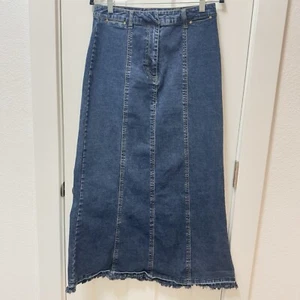 Y2K Live a Little Blue Jean Denim Maxi Circle Fringe Tulip Flare Skirt 10 Modest - Picture 1 of 4