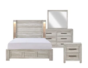 4 PC WHITEWASHED DISTRESSED LED KING BED DRESSER MIRROR BEDROOM FURNITURE SET - Picture 1 of 13