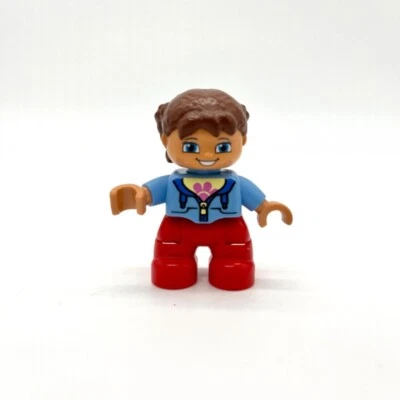 LEGO DUPLO Figure Girl Red Pants Blue Top Brown Hair Toy Doll - Image 1 of 3