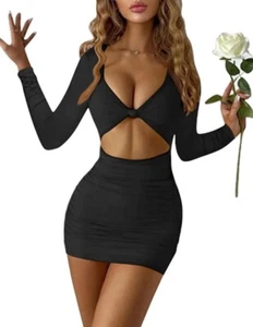 Women's Fall Sexy Bodycon Ruched Long Sleeve Party Birthday Mini Dress Sz S - Picture 1 of 5