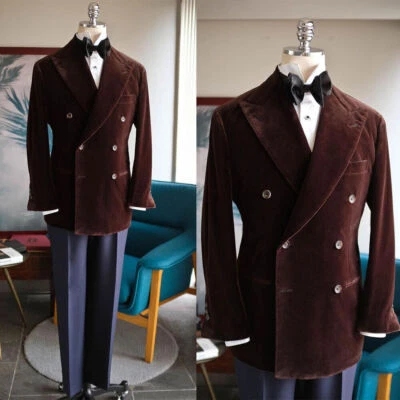 Traje de Terciopelo Para Hombres Solapa Pico Calce Ajustado Marrón Boda Novio Formal Blazer Esmoquin Foto 1 de 4