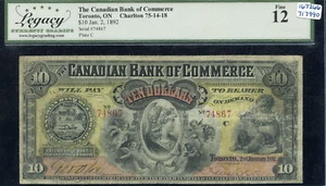 Canadian Bank of Commerce $10, 1892 - CH 75-14-18 - Legacy Fine 12 - S/N: 74867 - Picture 1 of 2