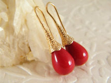 Red Coral Red Tear Drop Dangle Earrings in 18K Yellow Gold Over Gift For Her