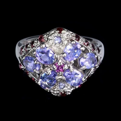 925 Sterling Silver Ring Oval Tanzanite Rhodolite Garnet Natural Gemstone Jewelr - Image 1 of 4