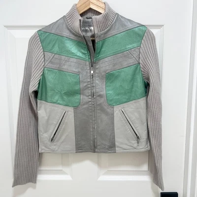 Chaqueta estilo moto de cuero genuino $199 - Talla M - Gris y como nueva en bloques de color Foto 1 de 4