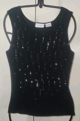 Camiseta sin mangas JACLYN SMITH elegante lentejuelas SEDA ACANALADA L GRANDE negra elástica sin mangas Foto 1 de 4