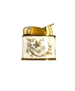 Evans Vintage Weiß Emaille Messing Floral Schmetterling Blume Zigarettenanzünder Gebraucht - Bild 1 von 8