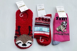 3 Mix it Pawsitive rote Holiday Crew Socken und Urlaub Hausschuhe Schuhgröße 4-10 - Bild 1 von 11