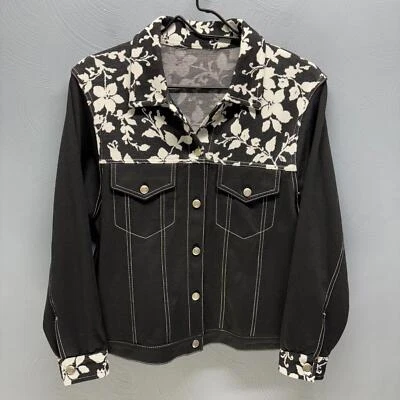 Chaqueta floral negra para mujer con botones 2 bolsillos ligera elástica talla mediana Foto 1 de 3