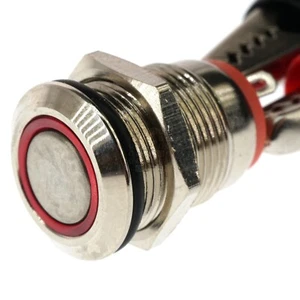 Pulsador de metal roscado de 12 mm, momentáneo, LED rojo, 12-24vdc, ip65, spst, anillo - Imagen 1 de 15