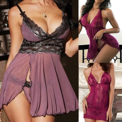 Roupa de dormir feminina sexy lingerie transparente chemise babydoll vestido de renda tanga roupa de dormir - Imagem 1 de 4