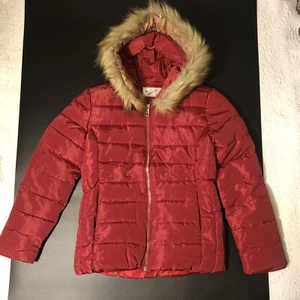 Girls Red Faux Fur Hooded Zip Up Puffer Jacket Size XL Removable Faux Fur ! - Picture 1 of 6