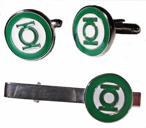  GREEN LANTERN Logo Silvertone/Enamel TIE CLIP & CUFFLINKS SET - Picture 1 of 1