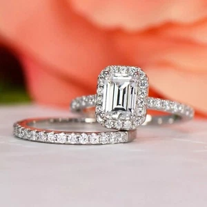 3.00Ct Emerald-Cut Moissanite Halo Bridal Set Wedding Ring 14k White Gold Plated - Picture 1 of 10