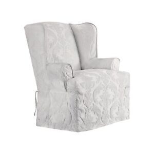 SureFit Matelasse Damask Furniture Cover, Wingback Chair, White