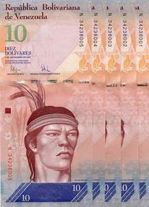 VENEZUELA 10 Bolivares 2009 P90 x 5 Consecutive UNC Banknotes - Picture 1 of 2