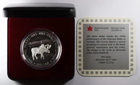 1985 Canadian National Parks Proof Moose Commemorative Silver Dollar 100th Anniv Cover