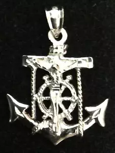 14k White Gold Wheat Link 20 " w/ Crucifix Mariner Anchor Pendant 1 x .75" - Picture 1 of 4