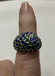 Sterling Silver Green Blue Enamel Feather Peacock Ring Heavy Size 7 - Picture 1 of 7