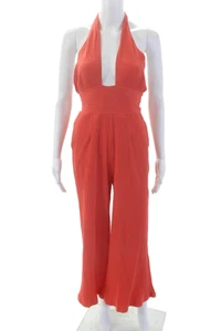 Callahan Womens Textured Halter Neckline Open Back Rib Knit Jumpsuit Orange Size - Picture 1 of 5