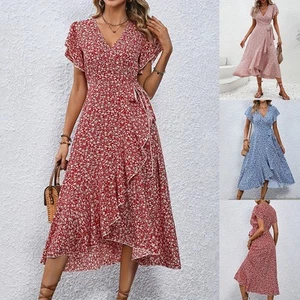 Womens V Neck Floral Boho Midi Wrap Dress Summer Holiday Beach Swing Sundress US - Picture 1 of 22