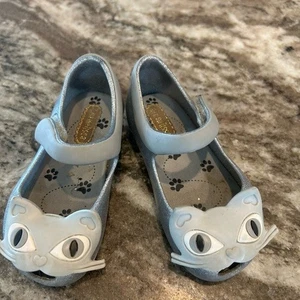 Melissa Blue Whimsical Cat Face Slippers, size 4(?, check photos) have wear. - Picture 1 of 9