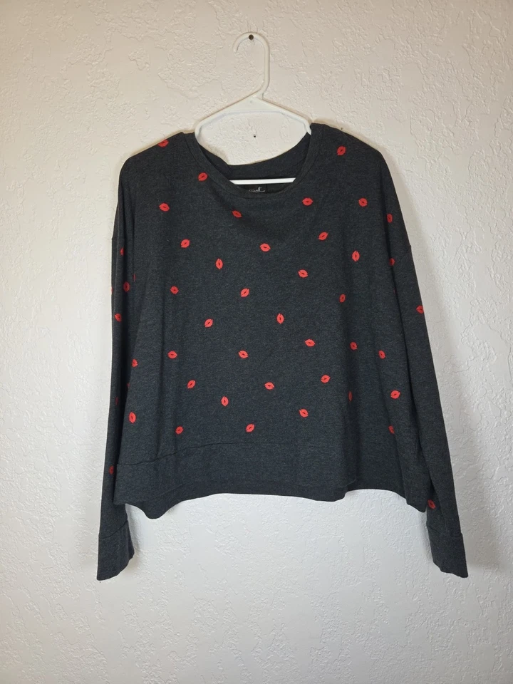 Top Earl Jean Mujer XL Gris Labios Cortos Novedad Estampado Tejido Manga Larga Foto 1 de 4