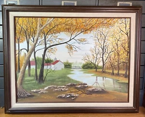 Farm In The Dale Art Oliver Signed Painting Framed Barn Valley Stream Scene VTG - Picture 1 of 6