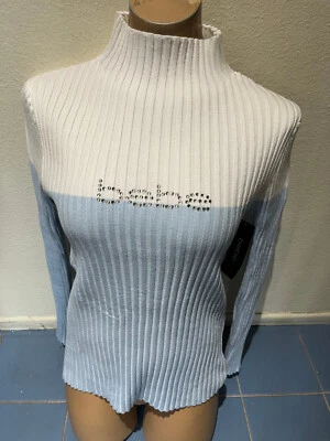 BEBE Mock Turtleneck Blue/Marshmallow Sweater w/ Embellished Logo  Women's S NEW - Image 1 of 4