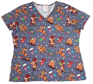 Rudolph la renna dal naso rosso scrub top natalizio taglia L uniforme infermiera scollo a V - Foto 1 di 6