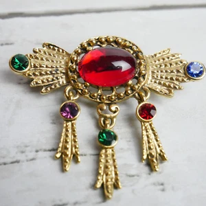 Vintage Jeweled Brooch Mogul Jewels of India Style Dangling Colored Cabochons - Picture 1 of 7