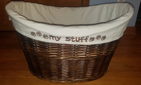 Large Oval Woven Grapevine Basket Handles w/ White Embroidered "My Stuff" Liner Cover