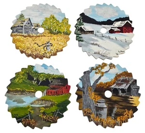 (x4) Vintage Sägeblatt geformt Holz Gemälde Plaketten Set vier Jahreszeiten Bauernhof Dekor - Bild 1 von 6