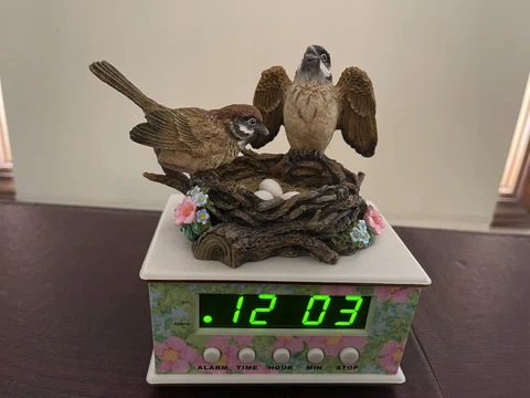 Musical Alarm Clock Plays “Dawn is Awaking” Porcelain Birds on Nest 2001 Cover