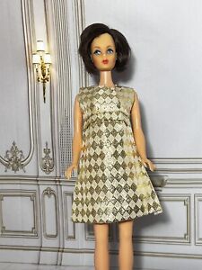 Vintage BARBIE 1960s Mod Clone Shillman ? Metallic Gold Harlequin Mini Dress