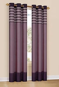 Set of Two Window Curtain Panels: Purple & Taupe, Embroidered, Grommets, 76x84 - Picture 1 of 1