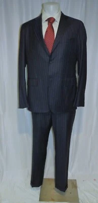 Isaia Super 140 Timeless Dotted Navy Blue Striped Current Two Button Suit 44L - Image 1 of 4