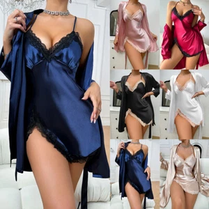 2PCS Womens Sexy Satin Silk Lingerie Set Lace Sleepwear Night Dress Robe Nightie - Picture 1 of 28