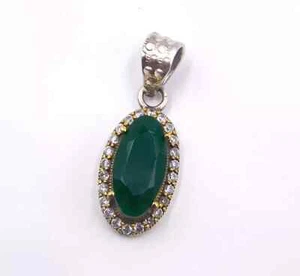 3.70 Gm Lab-Created Emerald & C.Z. Stone Two Tone Pendant 925 Sterling Silver - Picture 1 of 1