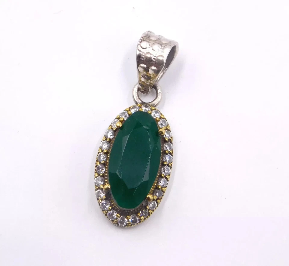 3.70 Gm Lab-Created Emerald & C.Z. Stone Two Tone Pendant 925 Sterling Silver - Image 1 of 1