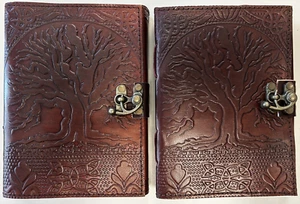 Handmade Genuine Leather Bound Journal Tree Design Matt Paper 110 Page 2-Pack - Picture 1 of 9