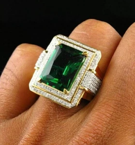 4.50Ct Simulated Emerald & Diamond Men's Engagement Ring 14k Yellow Gold Plated - Picture 1 of 6