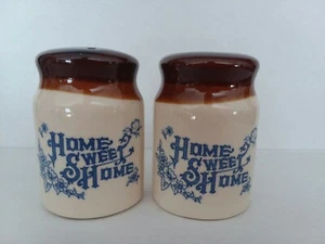 "Home Sweet Home" Earthenware Brown Blue Salt & Pepper Shakers - Picture 1 of 1