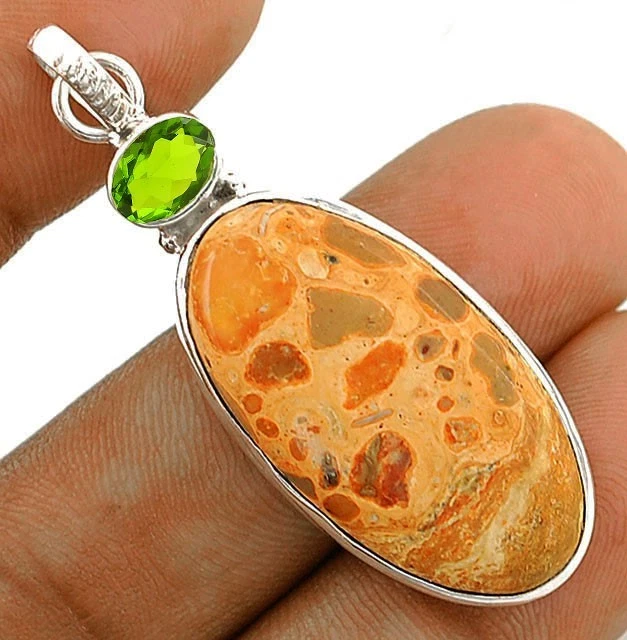  Natural Crinoid Fossil Jasper & Peridot 925 Sterling Silver Pendant Jewelry - Image 1 of 1