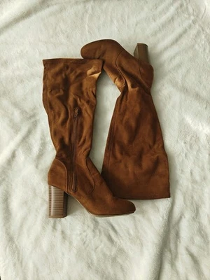 Forever21 Women's Faux Suede Tan Brown Boots Block Heel Mid Calf Zip Fall 5.5 - Image 1 of 4