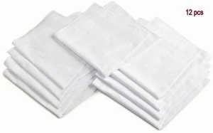 12 PCS PLAIN WHITE PRINTED COTTON HANKIES PURE SOFT COTTON  HANKIES HANKERCHIEF - Picture 1 of 4