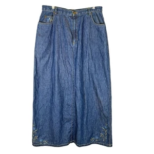 Vintage Denim Maxi Skirt Sz 14 L Embroidered Florals Modest Prairie Liz Claiborn - Picture 1 of 9